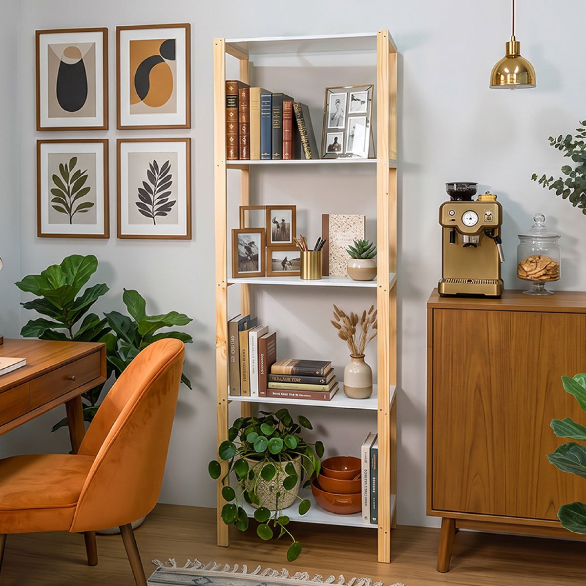 Estante Mizar com estrutura de madeira clara e cinco prateleiras brancas, com livros e objetos decorativos em ambiente de trabalho.