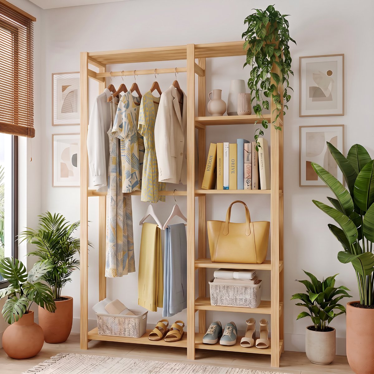 Estante em Madeira Vega com acabamento natural, roupas e livros, em ambiente claro da imagem oficial.